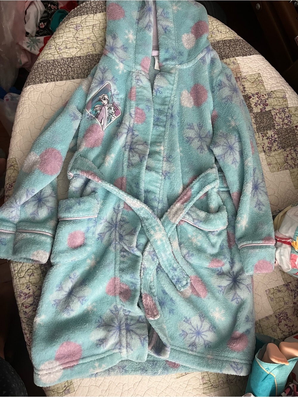Disney Aqua Fleece Hooded Robe with Pink Dot & Purple Snowflakes